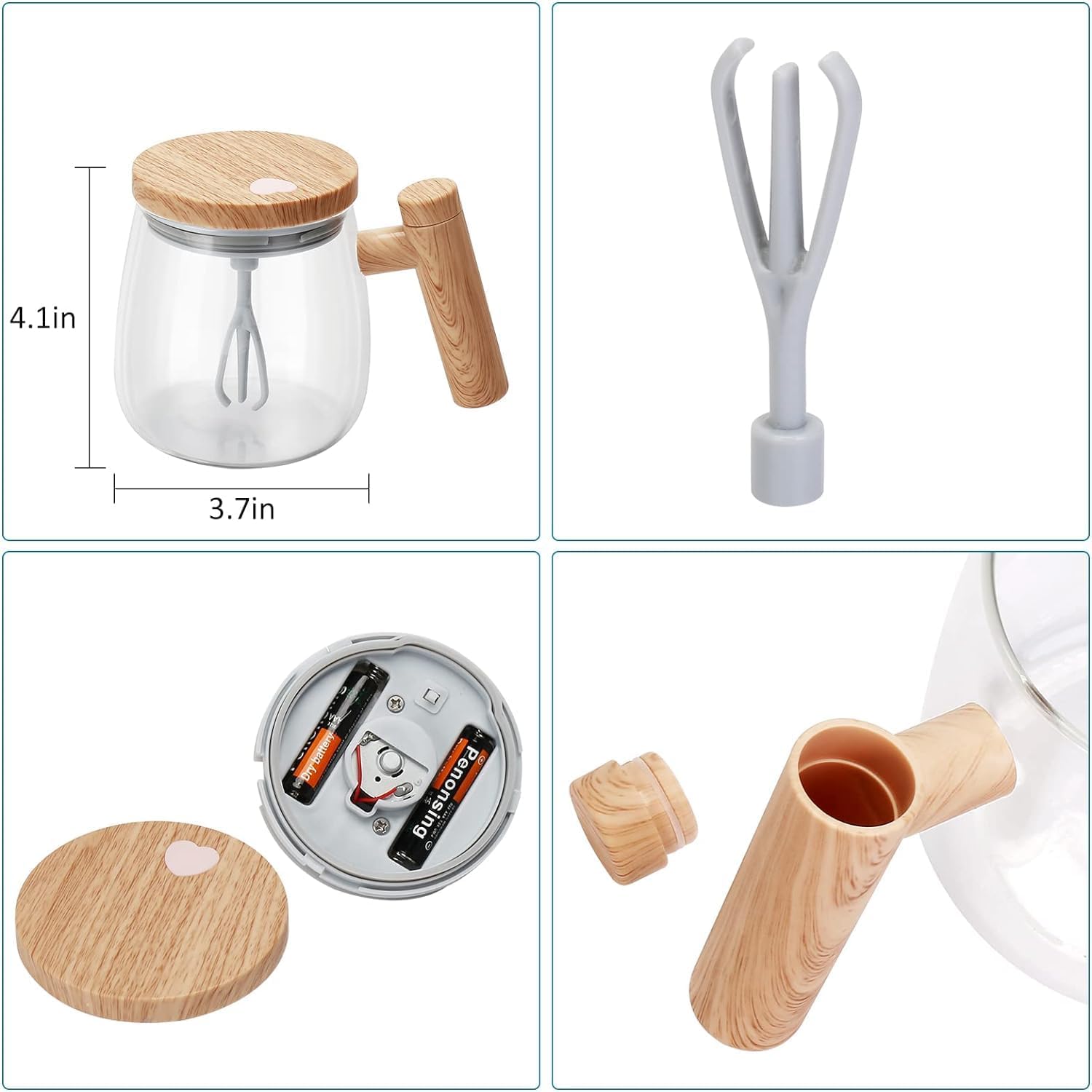 Zewao Automatic Self-Stirring Glass Coffee Mug - 13.5 oz Battery-Operated Borosilicate Electric Mixer Cup with Wood Handle for Coffee, Tea, Matcha