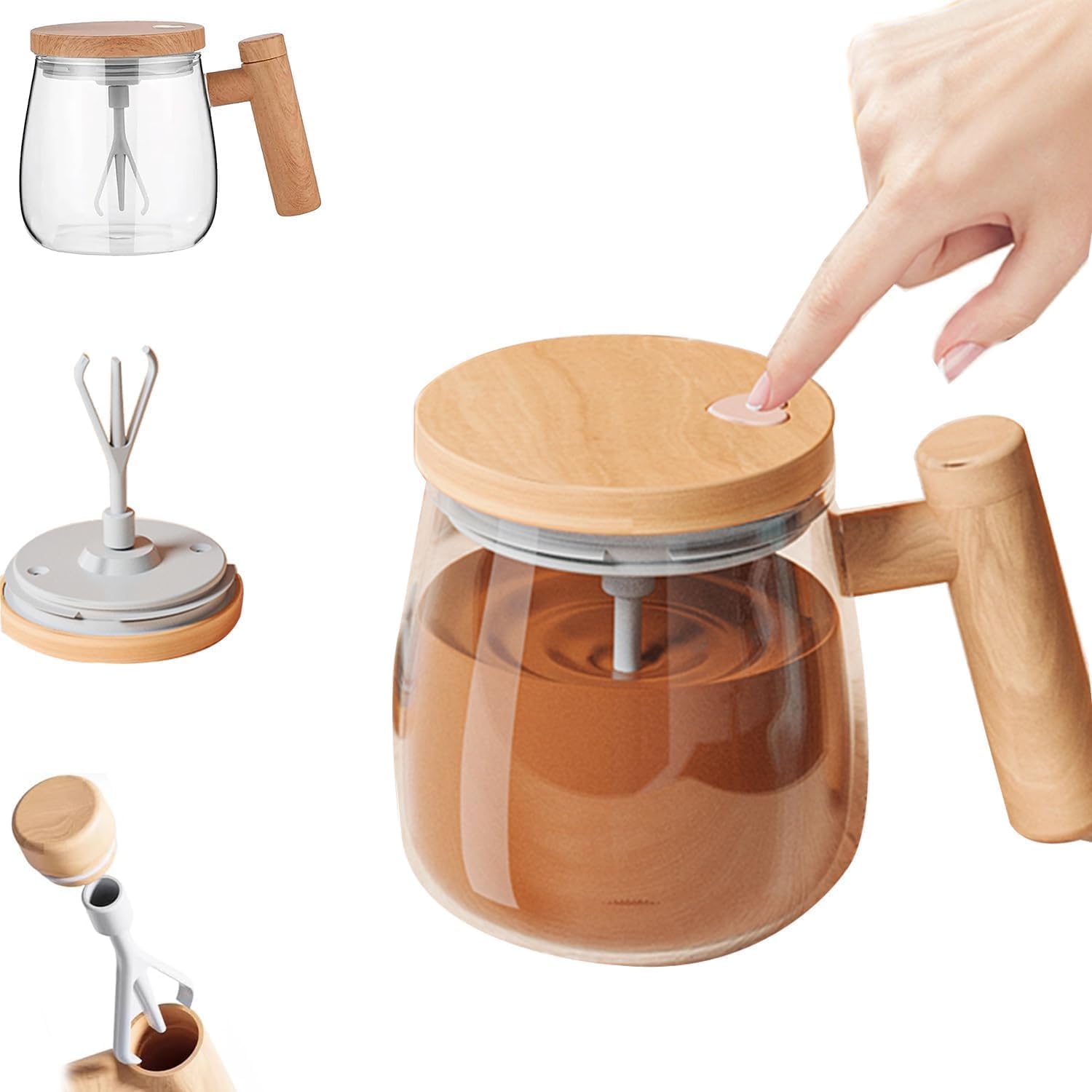 Zewao Automatic Self-Stirring Glass Coffee Mug - 13.5 oz Battery-Operated Borosilicate Electric Mixer Cup with Wood Handle for Coffee, Tea, Matcha