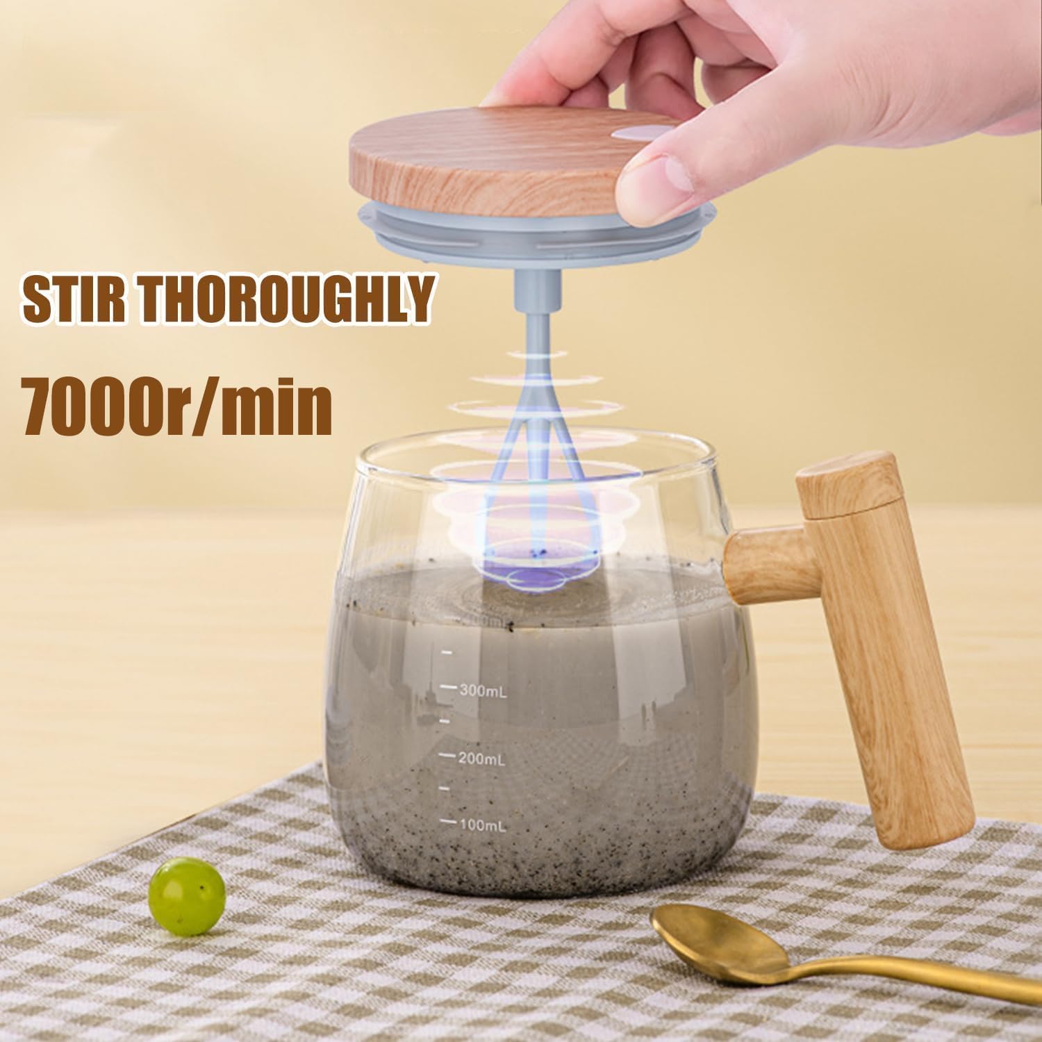 Zewao Automatic Self-Stirring Glass Coffee Mug - 13.5 oz Battery-Operated Borosilicate Electric Mixer Cup with Wood Handle for Coffee, Tea, Matcha