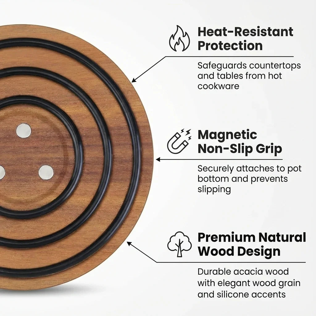Zewao Magnetic Acacia Wood Trivet Set - Heat-Resistant Pot Holder with Non-Slip Silicone for Countertop & Table Protection