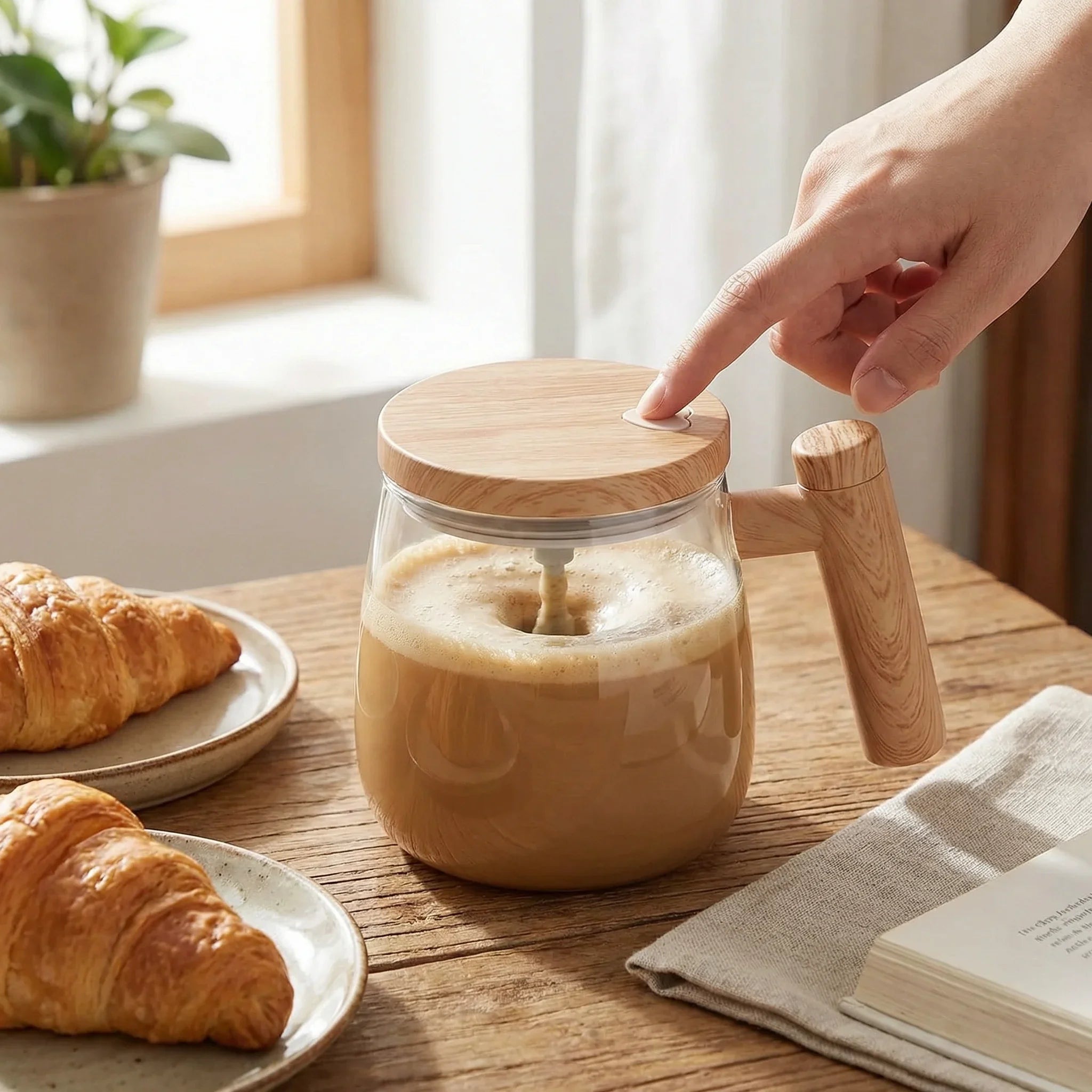 Zewao Automatic Self-Stirring Glass Coffee Mug - 13.5 oz Battery-Operated Borosilicate Electric Mixer Cup with Wood Handle for Coffee, Tea, Matcha