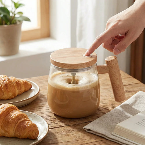 Zewao Automatic Self-Stirring Glass Coffee Mug - 13.5 oz Battery-Operated Borosilicate Electric Mixer Cup with Wood Handle for Coffee, Tea, Matcha