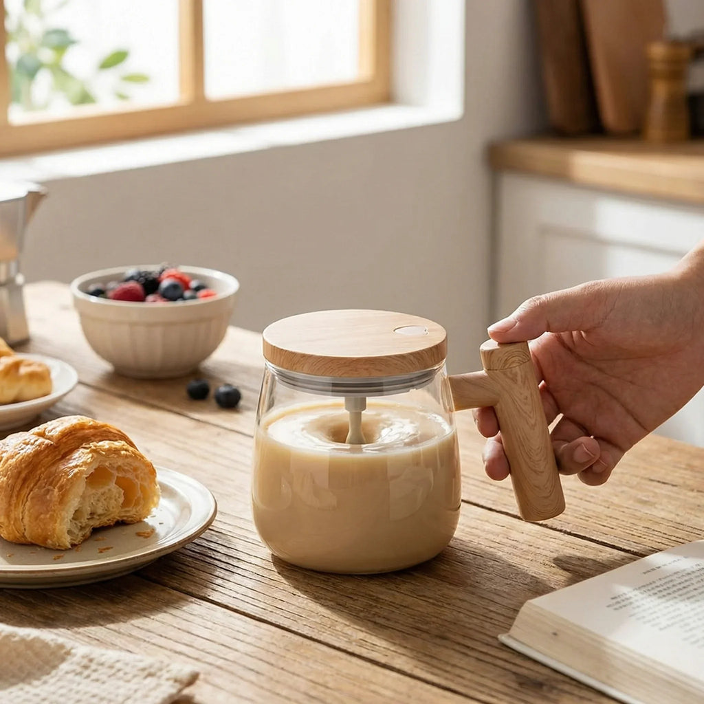 Zewao Automatic Self-Stirring Glass Coffee Mug - 13.5 oz Battery-Operated Borosilicate Electric Mixer Cup with Wood Handle for Coffee, Tea, Matcha